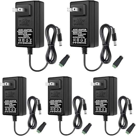 24V Power Supply, 24 Volt 2A 48W LED Power Supply Adapter, AC 100-240V to DC 24V Converter Transformer for LED Strip Lights, Wall Plug Power Adapter with 5.5/2.1 DC Female Connector (5 Pack)