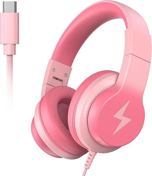 Wired Kids Headphones, USB Type C Headphones for Kids, 85dB Safe Volume, HD Stereo Sound, Comfortable Fit, Adjustable & Foldable,Ideal for School/Travel (Gradient Pink, Without Microphone