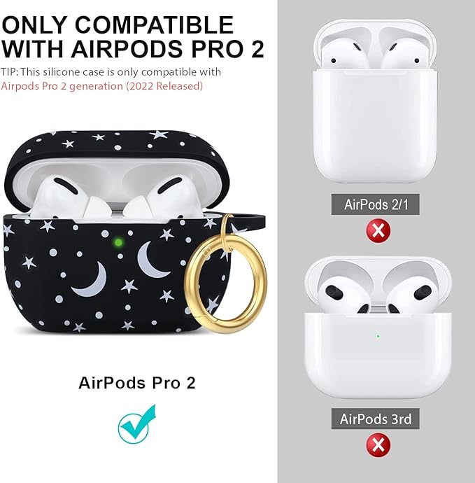 Moon Star Silicone Compatible with AirPods Pro 2 Case 2022/2023, Gawnock Soft Case Compatible with AirPods Pro 2nd Generation Print Women Girls with Keychain - Moon/Star