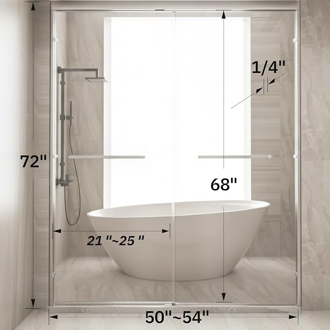 Glass Shower Door 50-54" W x 72" H Semi-Frameless Double Sliding Bathroom Shower Doors with 1/4 inch Clear Tempered Glass for Walk-in Shower, Chrome