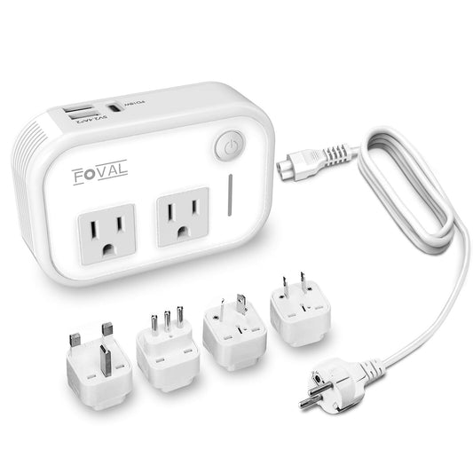 220V to 110V Converter Travel Adapter, FOVAL International Step Down Power Converter for Hair Straightener/Curler with 18W USB-C Port Voltage Converter US to Europe Italy UK AU China Plug (White)