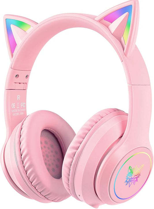 Cat Ear Bluetooth Headphones with Micphone for Kids & Adults, LED Light Up Wireless HI-FI Sound Quality, Over-Ear Headphones with Volume Control for iPhone/iPad/Laptop/PC(55H Play Time)