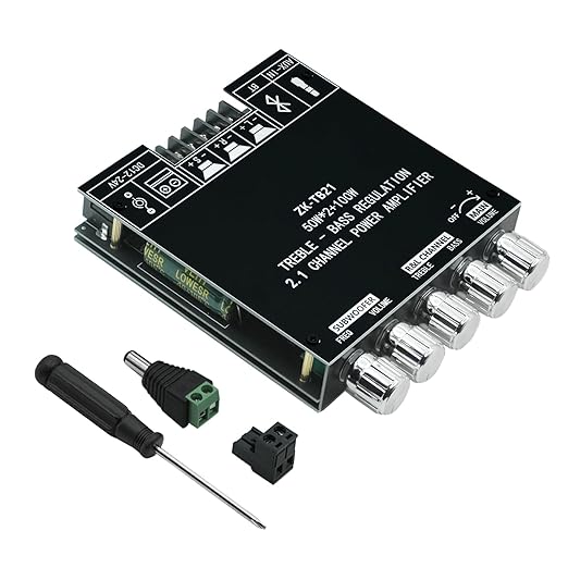 50W+50W+100W Amplifier Board with Treble and Bass Control, Bluetooth 5.0 HiFi 2.1 Channel Subwoofer Stereo Amplifier Board, Dual TPA3116D2 Chip BT and AUX Inputs for DIY Wireless Speakers (ZK-TB21)