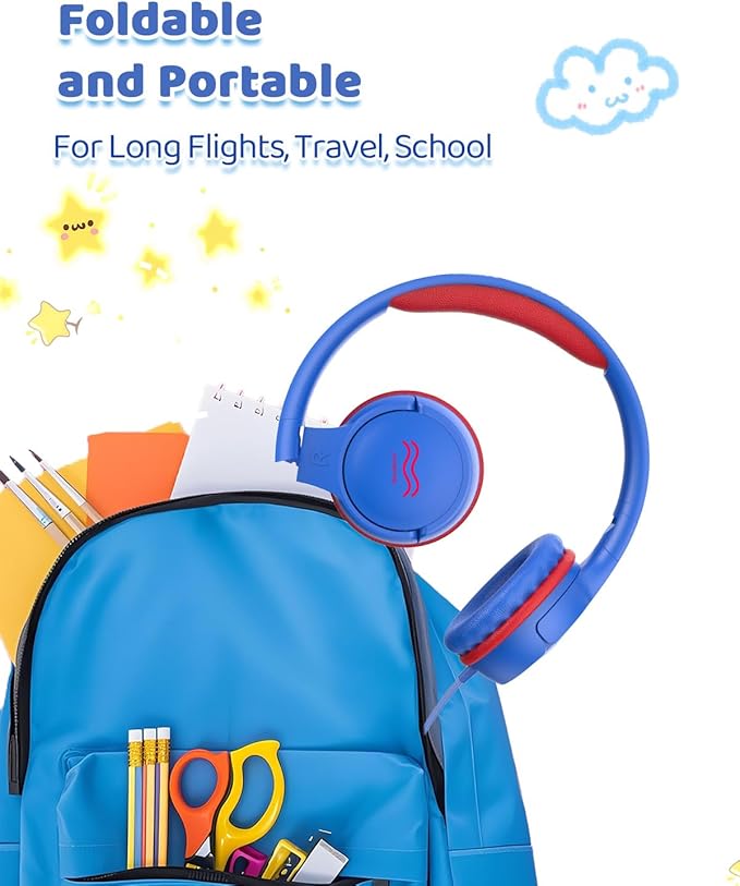 Wired Kids Headphones with Mic, Foldable, Volume Control Safe Listening(85/94dB), 3.5mm Jack on-Ear Headset for Chilren/Teens/Easter Day/School/Travel/Plane/Tablet/Laptop,Blue-Red