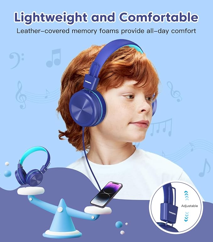 Kids Headphones, Toddler Headphones with Safe Volume Limiter 94dB, Wired School Headphones for Kid, 3.5mm Adjustable On-Ear Headphone for Boys/Girls/Children/Teens/iPad/Computer, Dark Blue