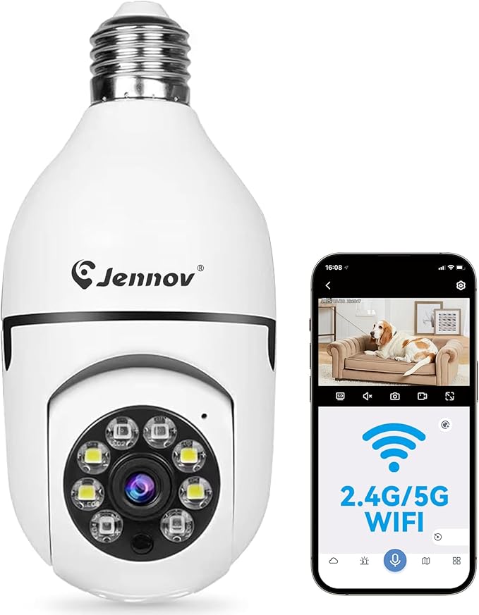 Jennov 2K Light Bulb Security Camera Wireless Outdoor, Indoor Light Socket Cameras for Home Security, Human Detection, 355°, Color Night Vision, 5G/2.4G WiFi, Screw in, Compatible with Alexa