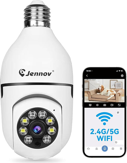 Jennov 2K Light Bulb Security Camera Wireless Outdoor, Indoor Light Socket Cameras for Home Security, Human Detection, 355°, Color Night Vision, 5G/2.4G WiFi, Screw in, Compatible with Alexa