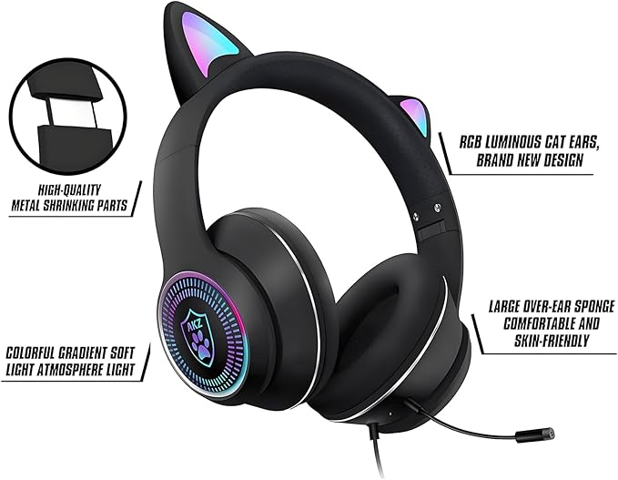 Cat Ear Gaming Headphones Wired AUX 3.5mm with LED Light, VIGROS Flashing Stereo Game Headphones Surround Sound Over-Ear Headsets with Microphone Fit Kids & Adult for PC, PS4, Switch, Mobile, Laptop