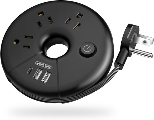 Travel Power Strip, NTONPOWER Portable Charging Station 3 USB Without Surge Protector Short Extension Cord 15 inches Compact for Home, Office, Cruise Ships, Business Trip, Hotels, Black