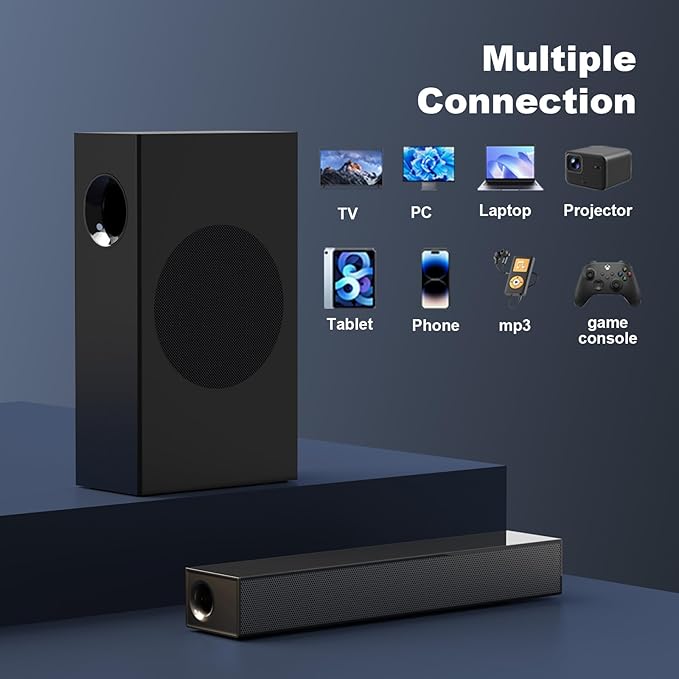 120W Sound Bar, 2.1 ch Surround Sound System for TV, Soundbar with Subwoofer for Home Theater, Sound Bar for Smart TV with 2 Mid high Frequency Speaker, TV/Gaming/Projectors, Wall Mountable