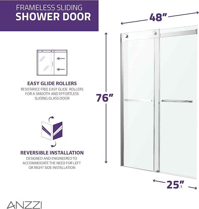 ANZZI Kahn 48x76inch Frameless Sliding Shower Door with Horizontal Handle in Polished Chrome, Scratch Resistant Dual Protective Coating Tempered Deco-Glass Easy Glide Shower Door, SD-FRLS05801CH