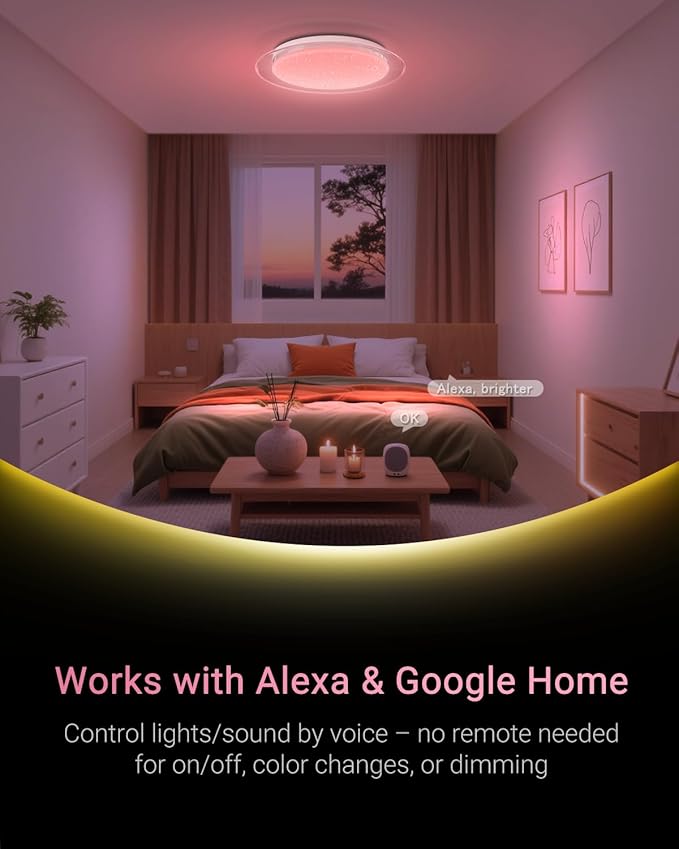 1-Pack, 15 inch Smart LED Music Ceiling Light with Bluetooth Speaker, Compatible with Alexa & Google Home, Color Changing RGB Dimmable Light for Living Room, Bedroom, Kitchen