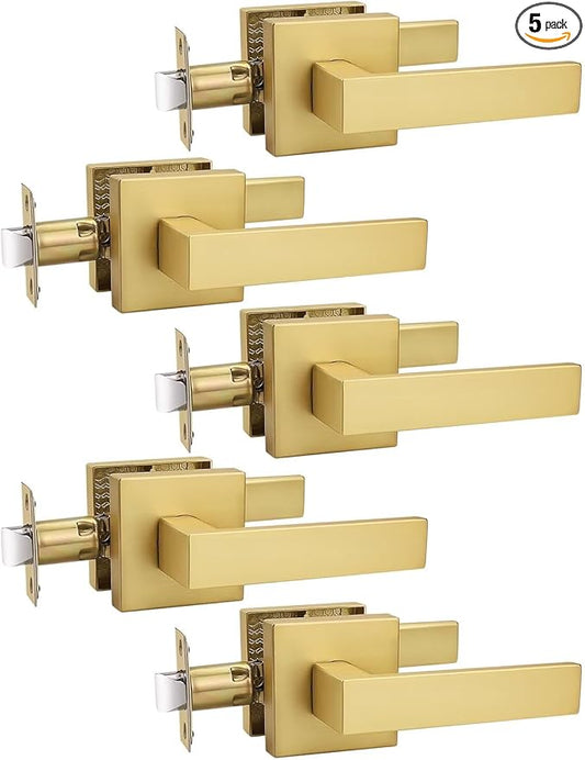 5 Pack Gold Keyless Square Levers Handles, Satin Brass Finish, Interior Passage Door Locksets for Hall Closet Door Knobs Lock Reversible Right & Left Handed
