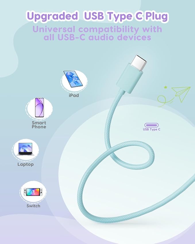 USB-C Kids Headphones, 74/85/94dB Volume Limiter, Foldable Wired Over Ear Headphones for Travel, Toddler Headphones for School, Travel, iPad, Tablet, Purple Green