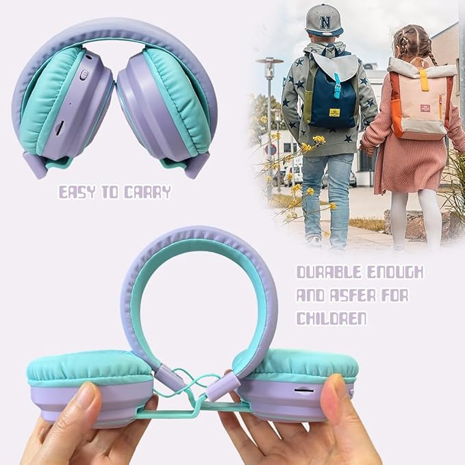 Kids Headphones Bluetooth 5.3 Wireless Lightweight Fast Charging 68 Hours Play Time Volume Limited 85/94dB Over Ear Foldable with Built-in Mic for Toddler Tablet Pad Light Purple