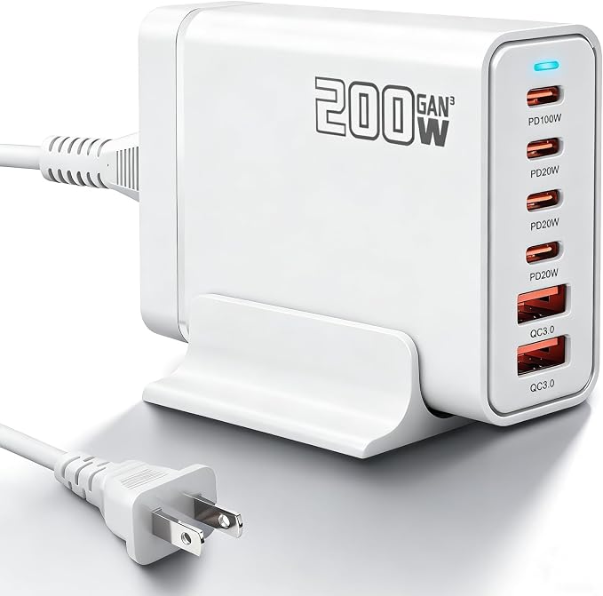 200W USB C Fast Charger, GaN Ⅲ PD 100W Charging Station, Upgraded 6-Port USB-C Fast Charging, Adapter for iPad iPhone 17 16 15 14 12, MacBook Pro, Samsung Galaxy - Image 8