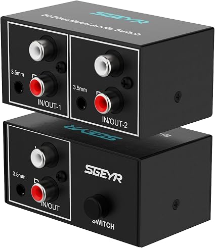 SGEYR RCA Switch 2 in 1 Out RCA switcher Selector 3.5mm Aux + RCA L/R Bi-Directional Stereo Audio Switcher A/B Analog Audio Switcher Black Metal Case