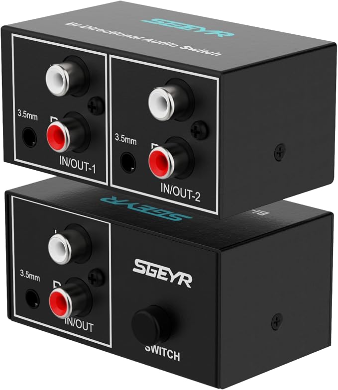 SGEYR RCA Switch 2 in 1 Out RCA switcher Selector 3.5mm Aux + RCA L/R Bi-Directional Stereo Audio Switcher A/B Analog Audio Switcher Black Metal Case