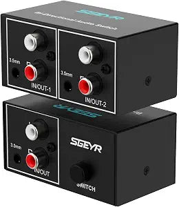 SGEYR RCA Switch 2 in 1 Out RCA switcher Selector 3.5mm Aux + RCA L/R Bi-Directional Stereo Audio Switcher A/B Analog Audio Switcher Black Metal Case