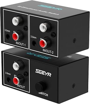 SGEYR RCA Switch 2 in 1 Out RCA switcher Selector 3.5mm Aux + RCA L/R Bi-Directional Stereo Audio Switcher A/B Analog Audio Switcher Black Metal Case