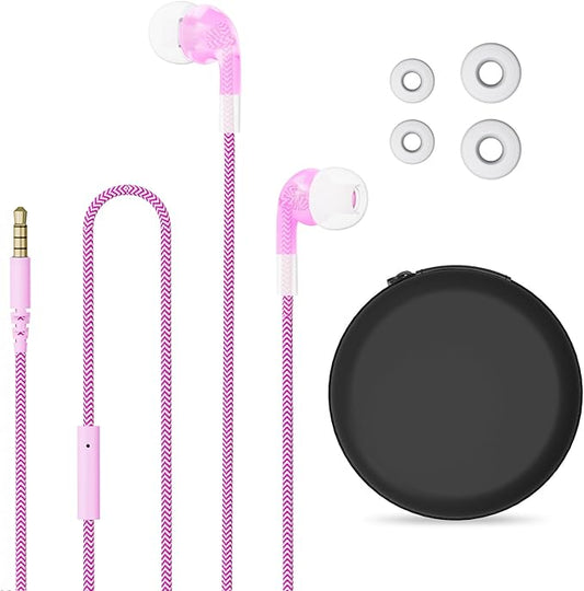 GEEKRIA Kids Wired Earbuds with Mic & Volume Control for School and Online Class, Children's 3.5mm Jack in-Ear Earphone with 85dB Volume Limit for Small Ears, Storage Case Included (Pink)