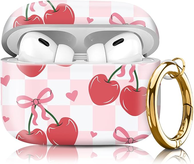 Compatible with Airpod pro 2nd/1st Generation Case Cover with Gold Round Keychain Cute Pattern Hard & Anti Slip Cover for Men Women & Girls（Bow Cherry）