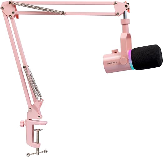 FEELWORLD PM1 Pink XLR USB Metal Podcast Dynamic Microphone with Boom Arm
