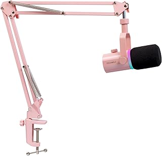 FEELWORLD PM1 Pink XLR USB Metal Podcast Dynamic Microphone with Boom Arm - Image 1