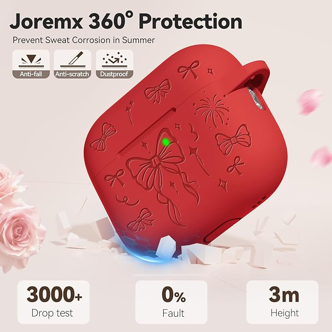 for Airpods Pro 3 Case Cover, Joremx Cute Bow Engraved Silicone Protective Case Cover with Keychain, Cleaner Kit for Airpods Pro 3rd Generation 2025 (Red)