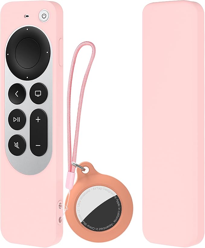 DamonLight Case for Apple TV Siri Remote 4K with Airtag Case [Lanyard Included][Heavy Shock Absorption] for Apple TV Siri Remote 4th Generation (Pink)