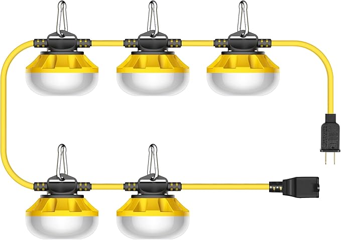 Construction Lights String Temporary Lighting, 50ft Work String with 5 Integrated Jobsite LED Lights 5000LM Super Bright, Carabiner Hooks - 5 Bulbs