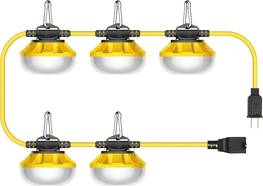 Construction Lights String Temporary Lighting, 50ft Work String with 5 Integrated Jobsite LED Lights 5000LM Super Bright, Carabiner Hooks - 5 Bulbs