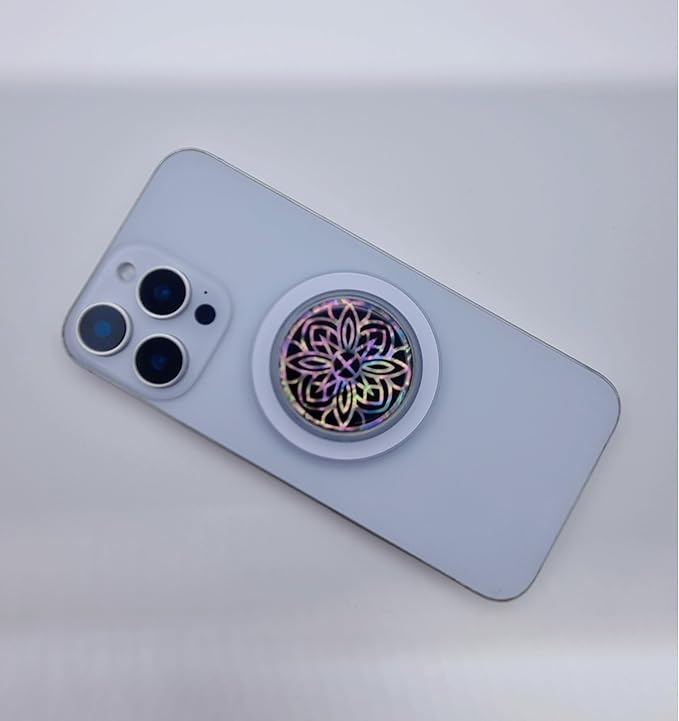 Korean Najeonchilgi Shell-Inlay Phone Grip Stand, Slim Round Phone Holder & Kickstand, Adhesive or Magnetic Back, Metal Ring Included - (Floral Mandala)