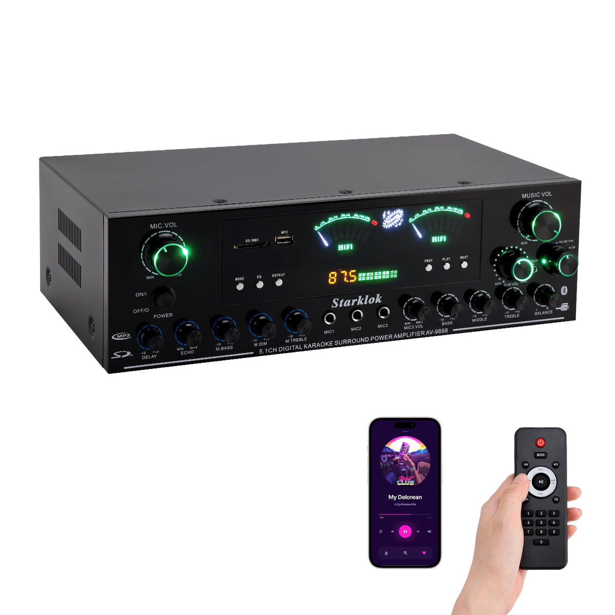 3000W Peak 5.1-Channel Home Audio Power Amplifier – HiFi Stereo Amplifier with Subwoofer, 3 Microphone Inputs, USB/SD Card Reader, Remote Control for Karaoke & Home Theater