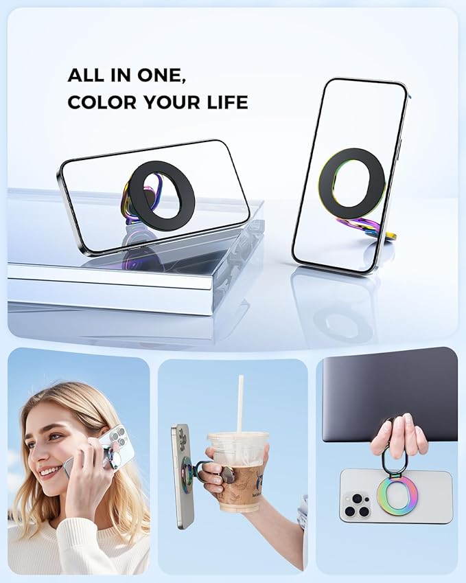 [2026 Upgraded] SUPERONE Magnetic Phone Grip for MagSafe Ring Holder, Double Sided Magnet Adjustable Gym MagSafe Phone Stand for iPhone, iPad and All Smartphones, Fit Magnetic Car Mount (Colorful)