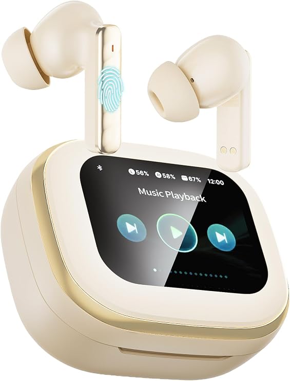 Wireless Earbuds, Bluetooth 5.4 Headphones, True ANC Active Noise Cancelling in Ear Buds with Smart Touchscreen Case, 60H Playtime for Sports & Working, Bass Stereo Sound for iPhone/Android-Beige