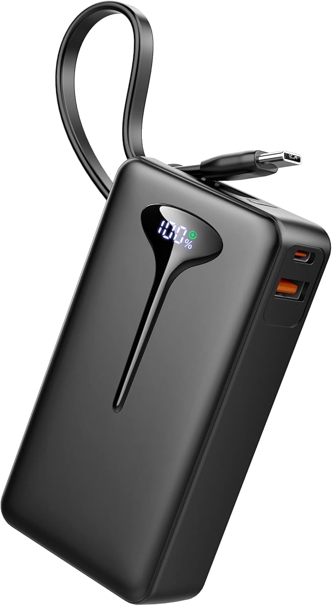 10000mAh Power Bank 22.5W Fast Charging USB-C Built-in Cable HD LED Display for iPhone and Android