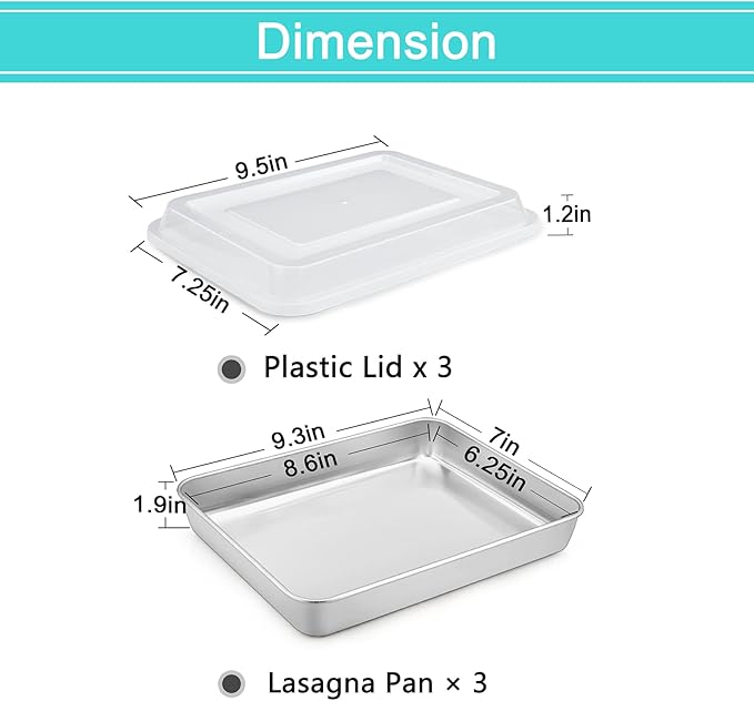 TeamFar Lasagna Pan, Stainless Steel 9.3 x 7 x 1.9 Inch Rectangle Cake Pan with Lid for Baking Roasting, Non-toxic & Deep Side, Dishwasher Safe-(3 Pans + 3 Lids)