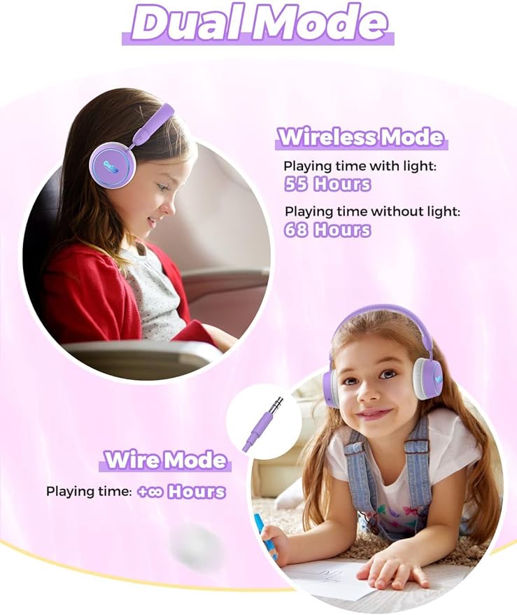 gorsun Kids Bluetooth Headphones, 85dB Volume Limited, 68 Hours Playtime, Bluetooth 5.4, Colorful LED Lights Toddler Headphones Wireless with Microphone, Birthday Gift for 1-13 Year Olds (Purple)