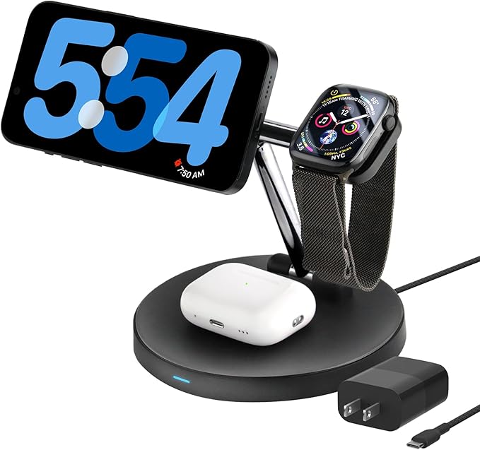 3 in 1 Charging Station for Apple Devices,Magsafe Wireless Charger for iPhone 16/15/14/13/12 Series,& AirPods,& iWatch- Ideal for Nightstand or Desk(18W USB-C Charger Included)