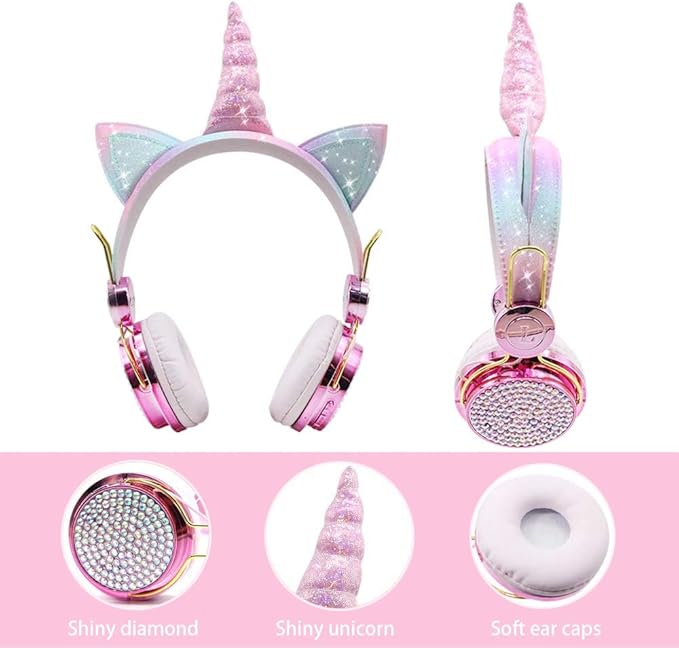 TCJJ Sparkly Unicorn Headphones for Girls, 85dB Safe Volume Limit, Wireless & 3.5mm Wired Headset with Mic, Adjustable Headband, Fast Charging, Foldable,for School, Tablet, Travel, Airplane