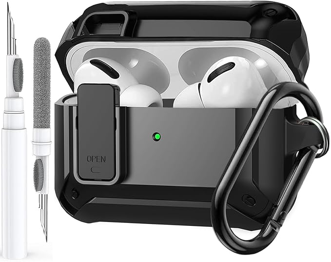 for Airpods Pro 3 Case with Lock Clip, Rugged Apple Airpods Pro 3rd Generation Cover 2025 Men Women, Armor Shockproof iPod Pro3 Gen Protective Hard Shell with Carabiner&Cleaner kit, Black