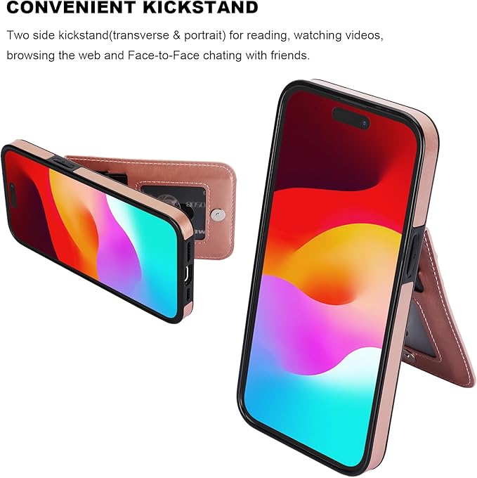KIHUWEY for iPhone 15 Case Wallet Compatible with MagSafe Wireless Charging, Credit Card Holder, RFID Flip Leather Magnetic Clasp Kickstand Heavy Duty Protective Cover 6.1 Inch (Rose Gold)
