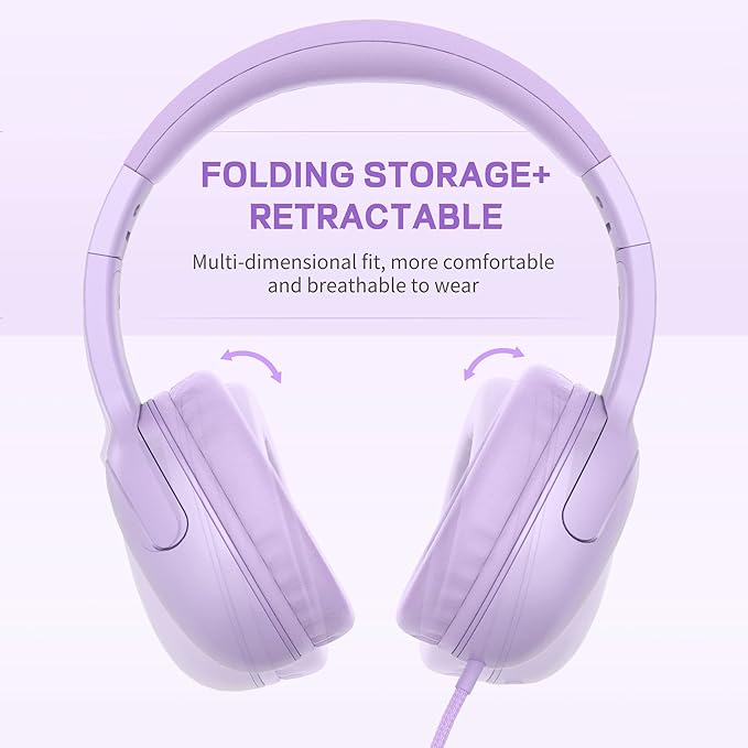 LORELEI E5 Wired Headphones for Kids Foldable & 3.5mm Jack Tangle Free Nylon Wire Stereo On Ear Headsets for Kids/Children/School/Tablet/Ipad/Kiddle/Plane (Purple)