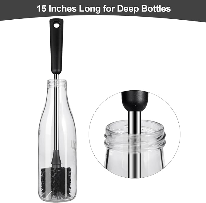 Water Bottle Brush with Straw Cleaner, 15 Inches Stainless Steel Handle Baby Bottle Brush Cleaner, Kitchen Scrub Cleaning Brushes for Cup, Wine Glasses, Coffee Mugs, Tumblers, Wine Decanters, Black