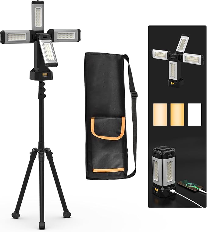 Upgraded Aluminum13200mAh Rechargeable Work Light with 78in Height Folding Stand and Carrying Bag, 8000 Lumen Cordless Camping Light, White/Warm/Nature White(Standard)