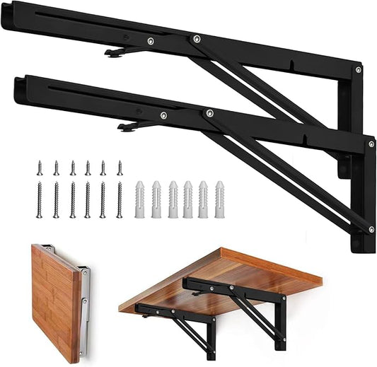 Storystore Folding Shelf Brackets - 20 Inch Heavy Duty Metal Collapsible Shelf Bracket for Bench Table, Shelf Hinge Wall Mounted Space Saving DIY Bracket, Max Load: 150 lb 2 PCS (Black)