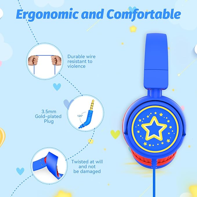 Kids Headphones with Cord for School, 85/94dB Volume Limit Headphones for Kids, Portable Wired Headphone with Shareport, Stereo Sound Foldable Headset for School/Tablet/iPad/Kindle (Blue)