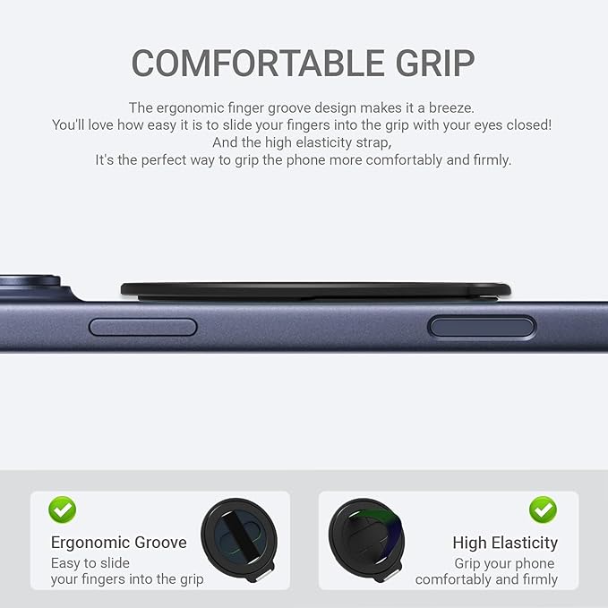 Grat 4 for Magsafe Magnetic Phone Grip Stand, 360° Rotatable Elastic Strap Loop, Detachable Ultra-Thin Aluminum Ring Kickstand Compatible with iPhone 17 Pro Max Air 16 15 14 13 12, Black