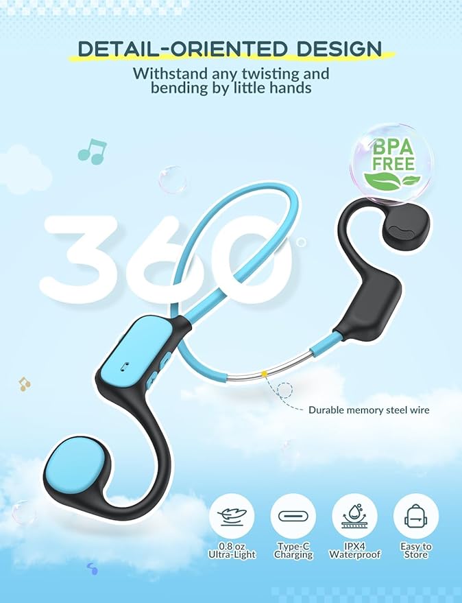 iClever Kids Bluetooth Headphones, Air Conduction Open Ear Headphones, Safe Volume 74&85dBA, 360° Bending Resistance Durable, 11.5H Playtime, Bluetooth 5.4 Kids Wireless Headphones for Travel/School